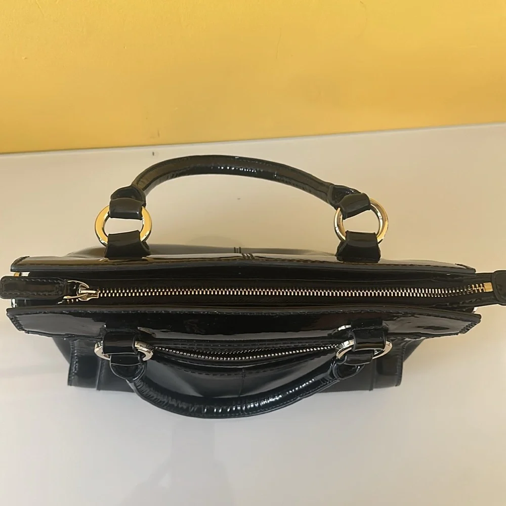 Karen Millen Black Patent Leather Structured Satchel Double Handle Tote Bag